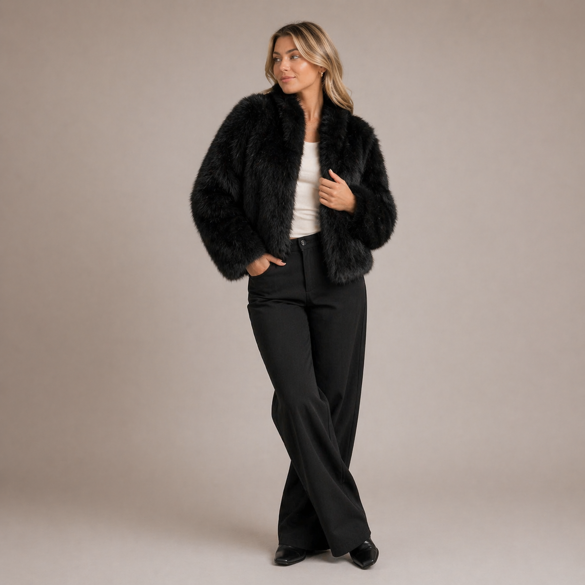 Women's black relaxed fit faux fur jacket