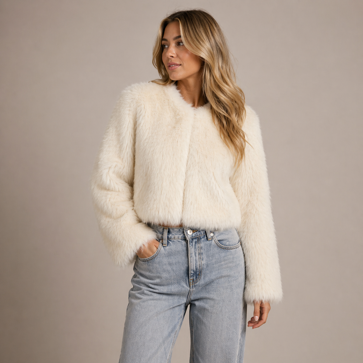 Women's white relaxed fit faux fur jacket
