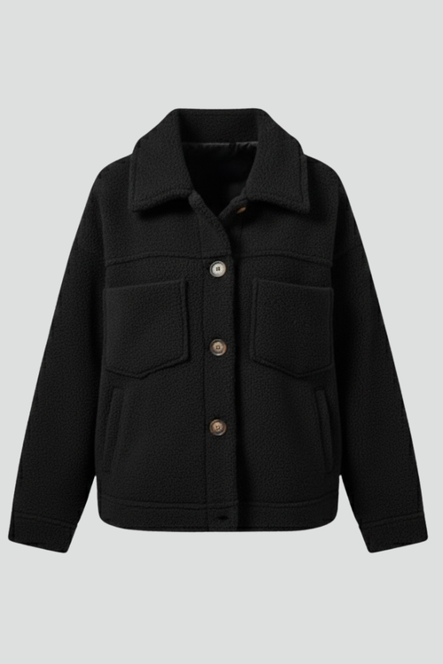 Black button-front fleece jacket with pockets, casual style for women