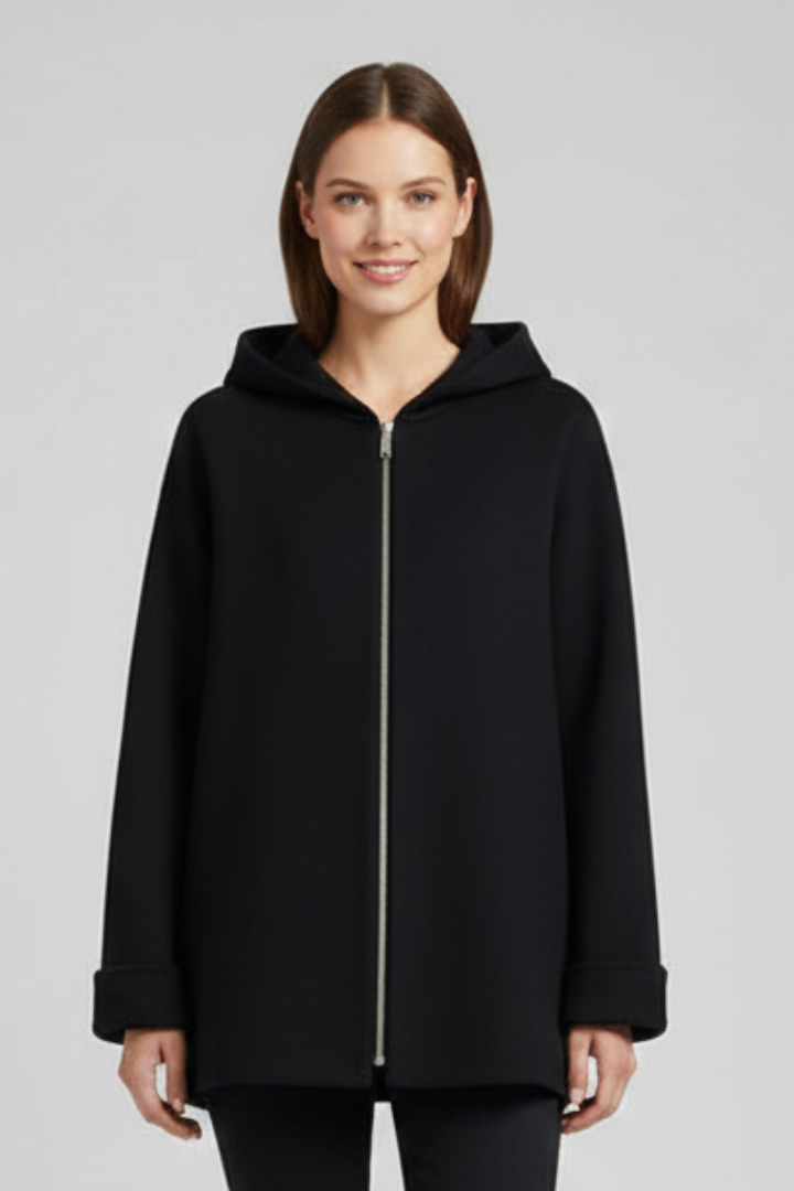 Black hooded zip-up jacket with front pockets, lightweight casual style for women