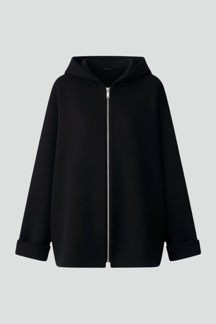 Black hooded zip-up jacket with front pockets, lightweight casual style for women