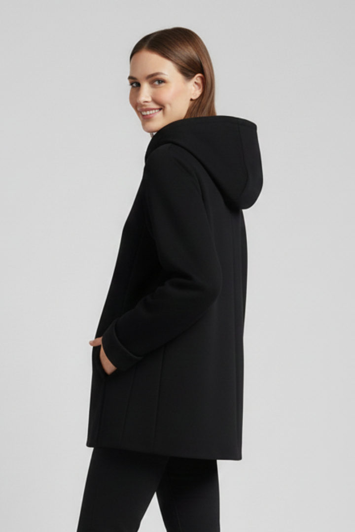 Black hooded zip-up jacket with front pockets, lightweight casual style for women