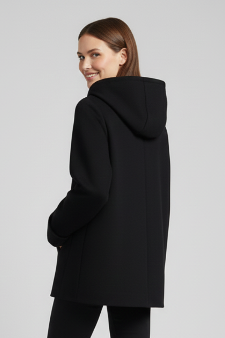 Black hooded zip-up jacket with front pockets, lightweight casual style for women