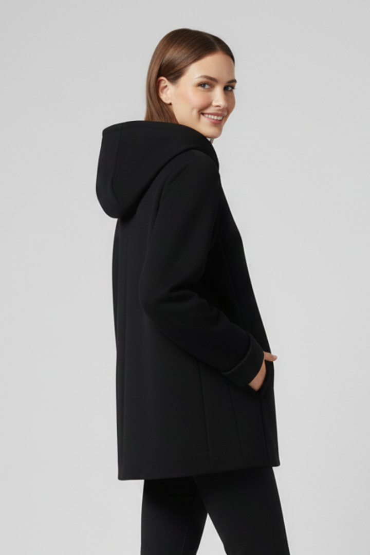 Black hooded zip-up jacket with front pockets, lightweight casual style for women