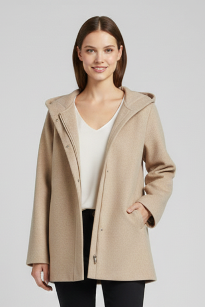 Khaki hooded zip-up jacket with front pockets, lightweight casual style for women
