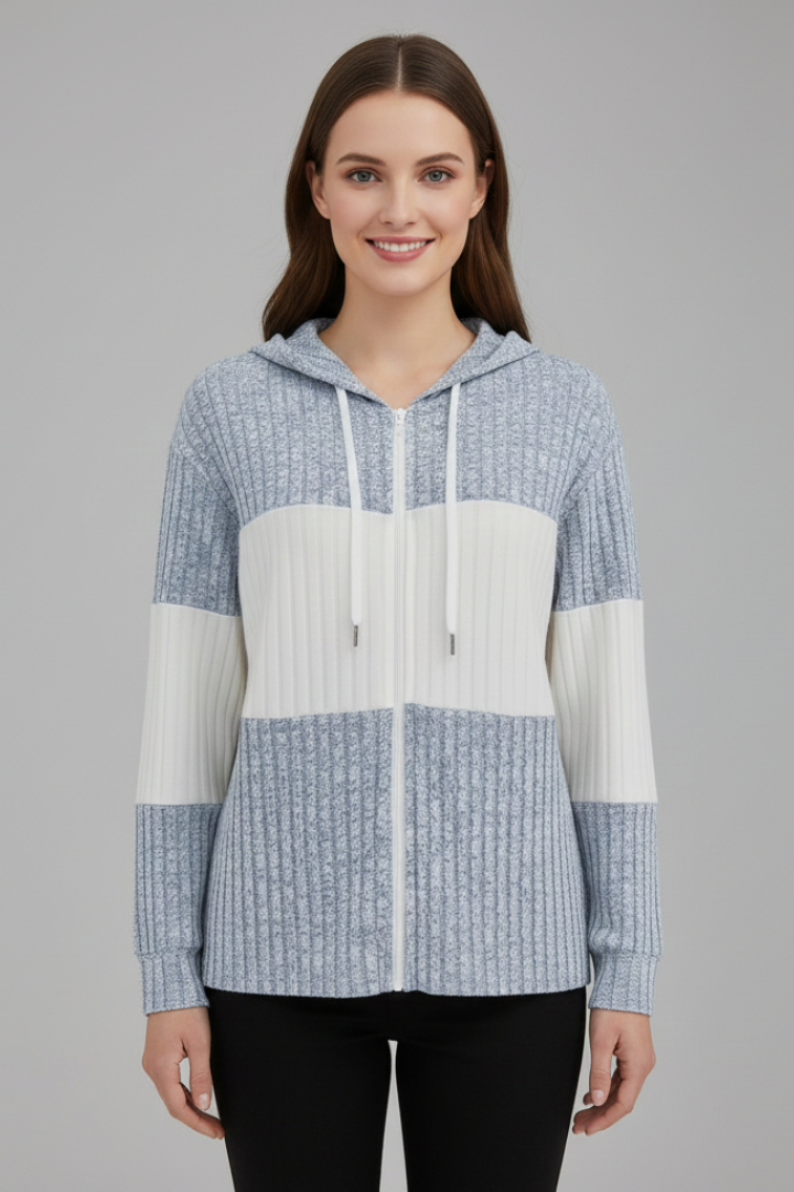 Women's hooded autumn jacket in blue with ribbed panels and long sleeves.