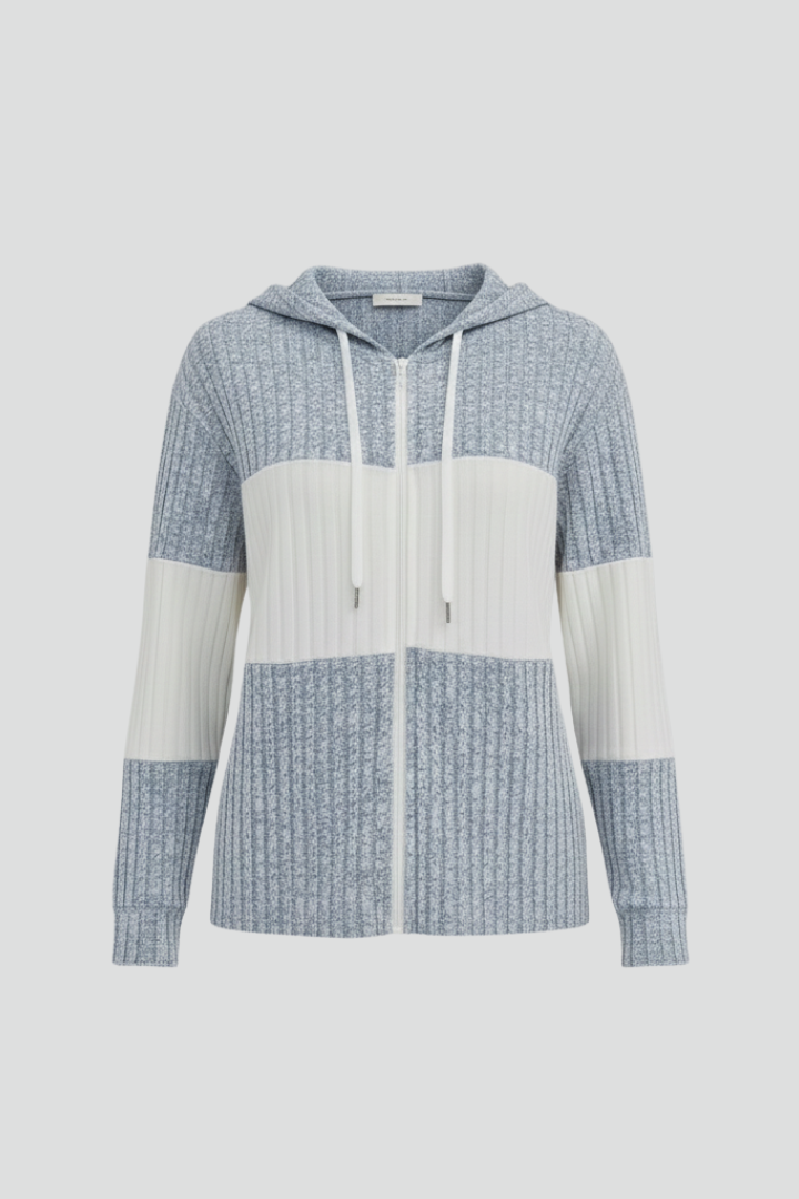 Hooded autumn jacket for women with ribbed panels and long sleeves.