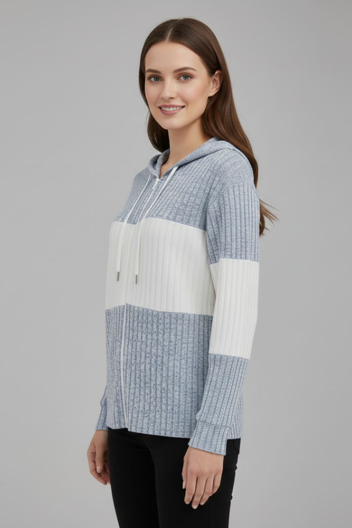 Women's ribbed-panel autumn jacket with a hooded design and long sleeves.