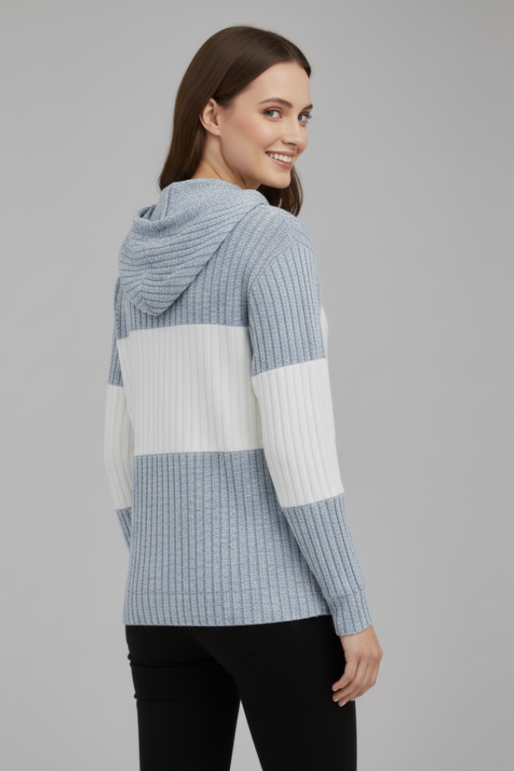 Long sleeve autumn jacket for women, hooded with ribbed side panels.
