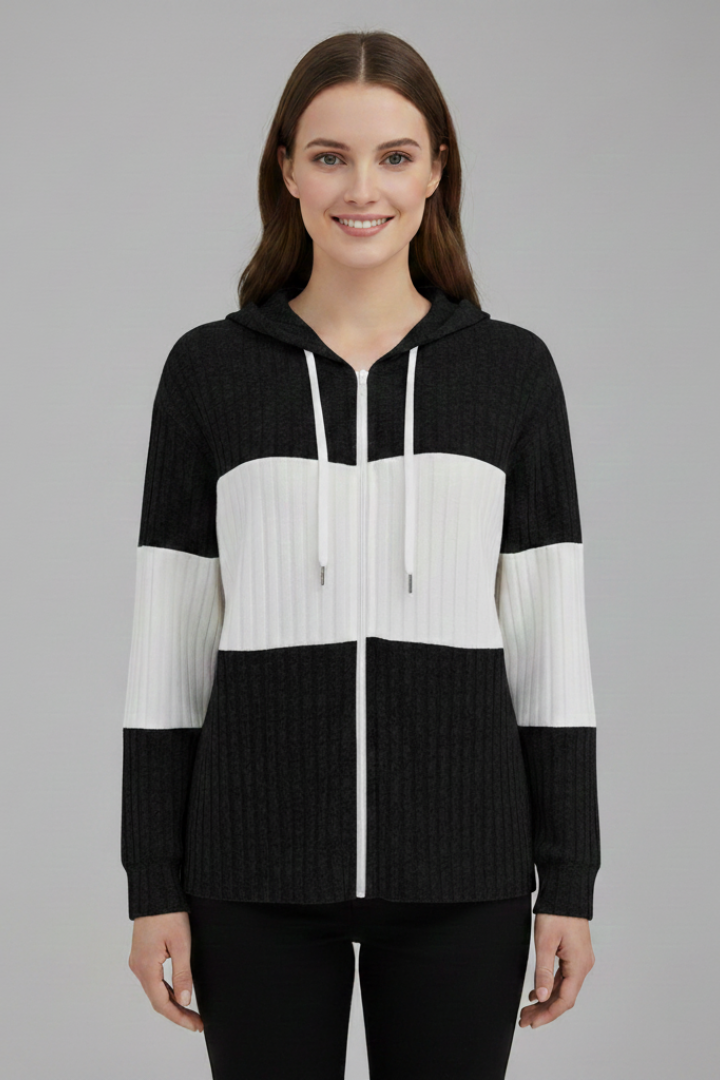 Women's hooded autumn jacket in black with ribbed panels and long sleeves.