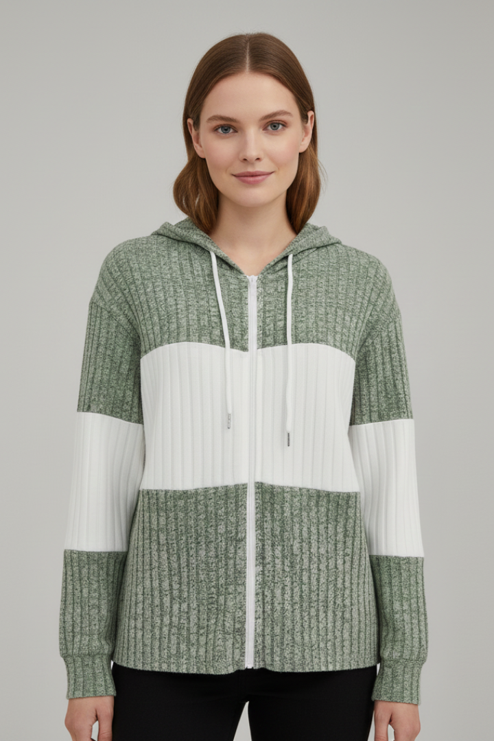 Women's hooded autumn jacket in green with ribbed panels and long sleeves.
