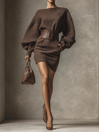 Women's brown belted textured knit bodycon mini dress