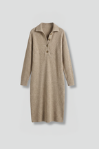 Ribbed knit jumper dress for women with long sleeves and a button-placket front.
