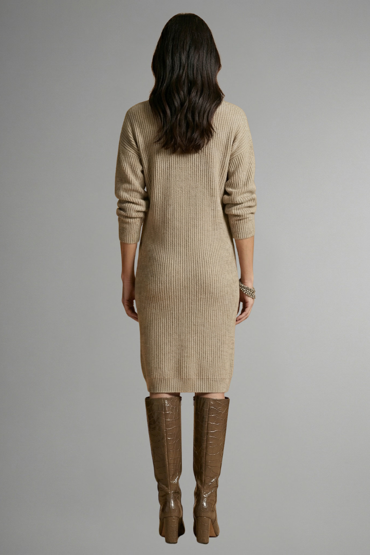 Long sleeve jumper dress for women in ribbed knit fabric with a buttoned placket.