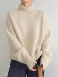 Women's beige relaxed fit high turtleneck jumper