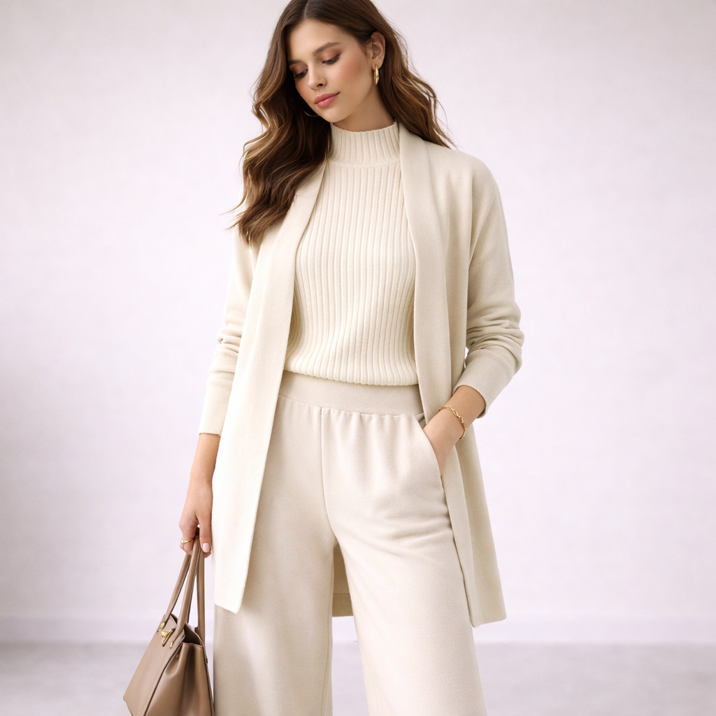 Women's white ribbed knit three-piece co-ord set