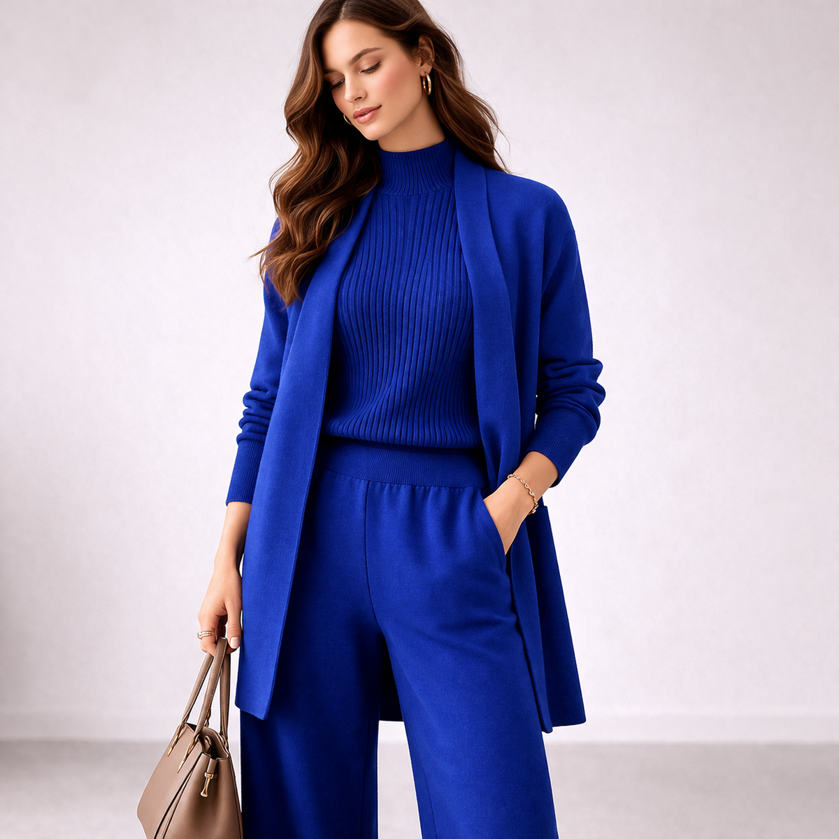 Women's blue ribbed knit three-piece co-ord set
