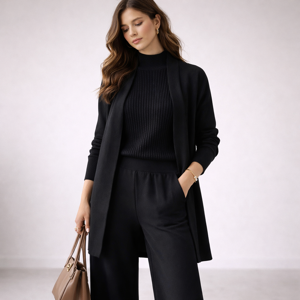 Women's black ribbed knit three-piece co-ord set