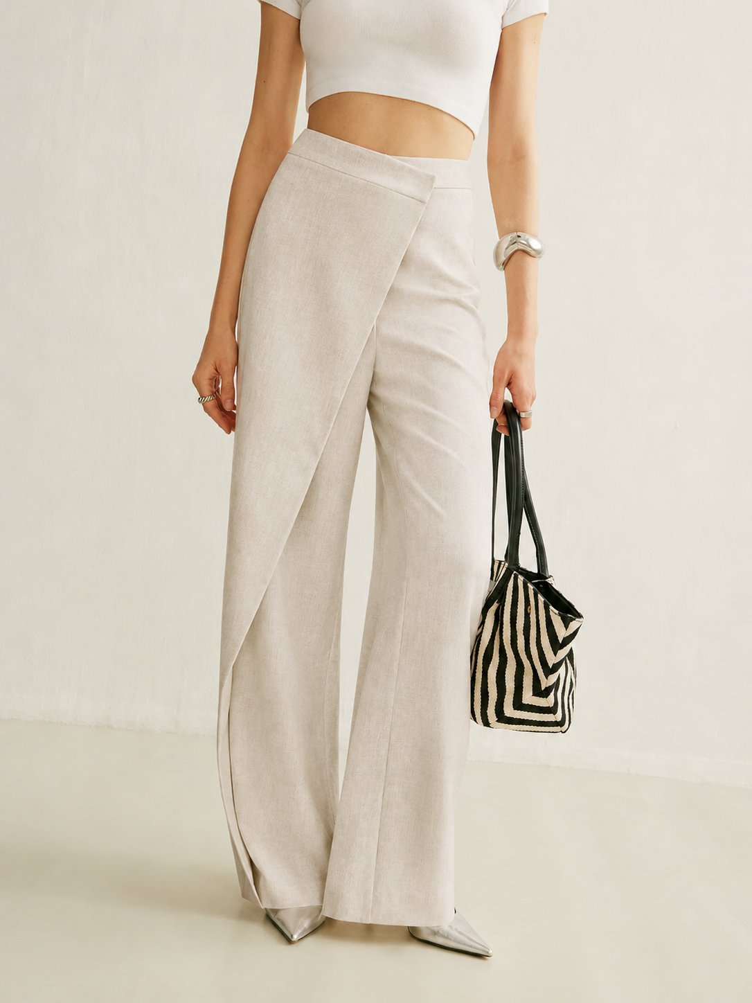 Women's beige high-waisted wide leg linen trousers