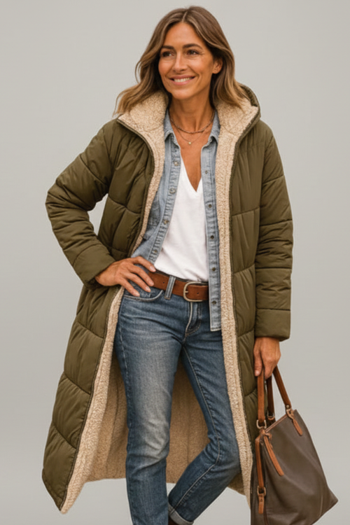 Women's quilted long coat in army green with a fixed hood
