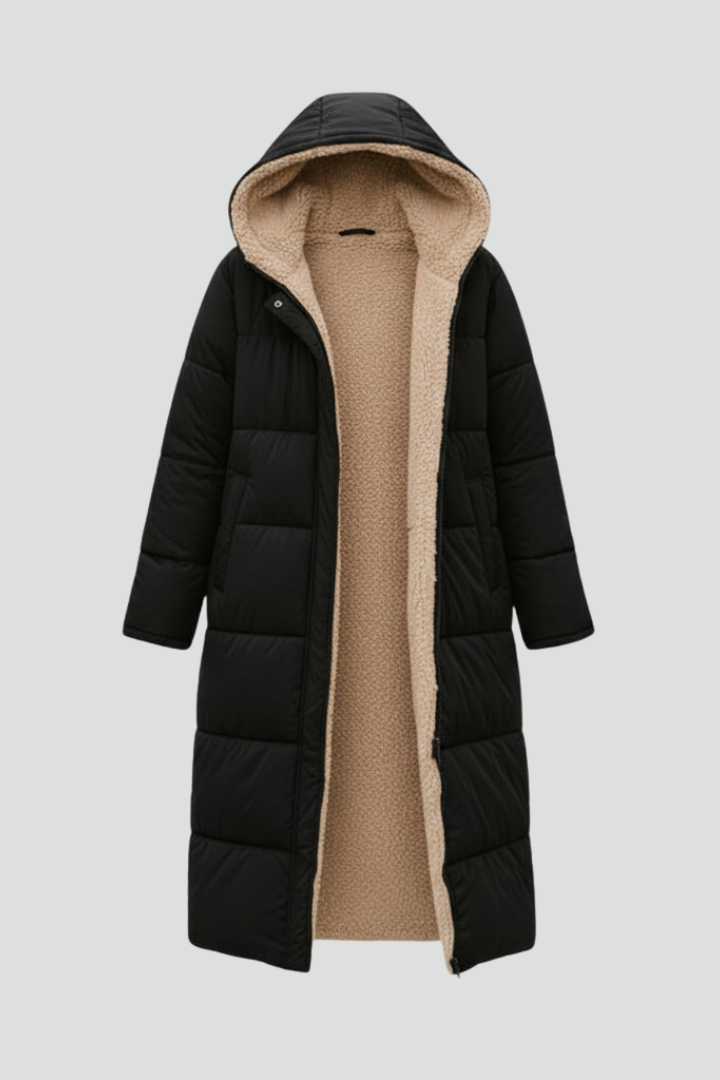 Women's quilted long coat in black, unzipped to show the sherpa lining