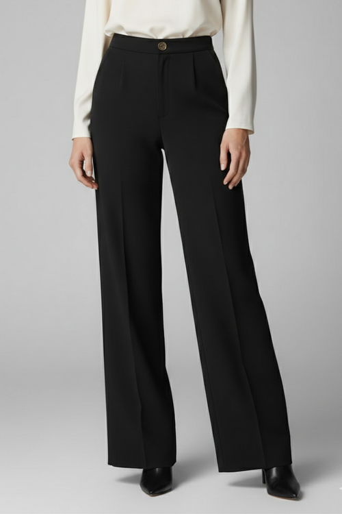 Black high-waist palazzo trousers with a wide-leg cut and button-front fastening.