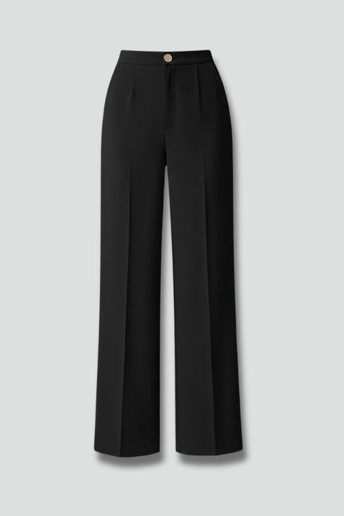 Black high-waist wide-leg palazzo trousers with a button-front fastening