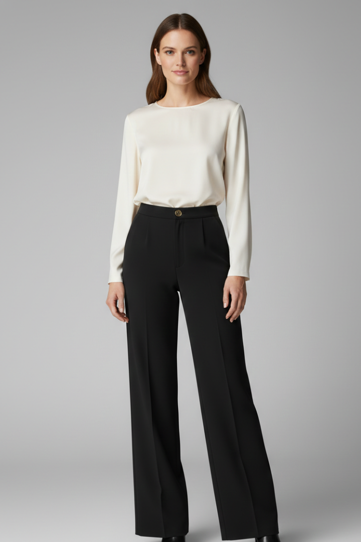 Black high-waist wide-leg palazzo trousers with a button-front fastening