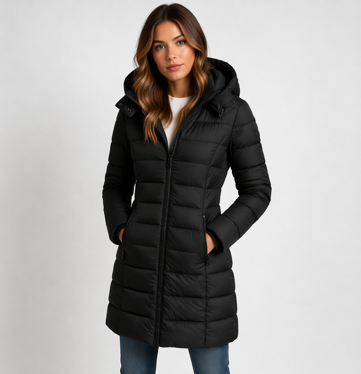 Women's black hooded quilted puffer jacket
