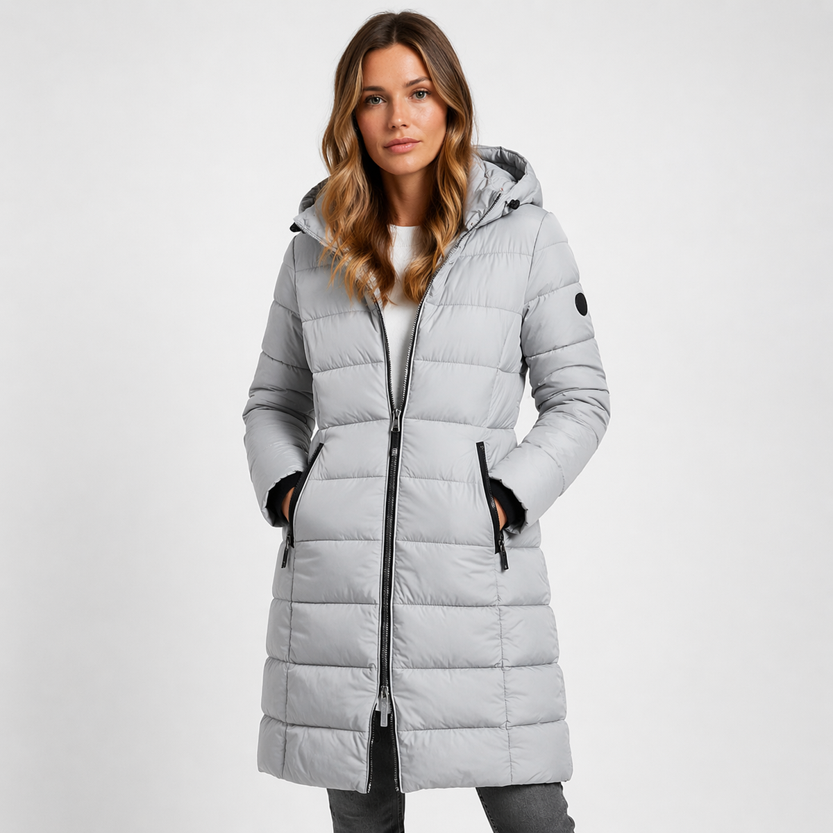 Women's grey hooded quilted puffer jacket