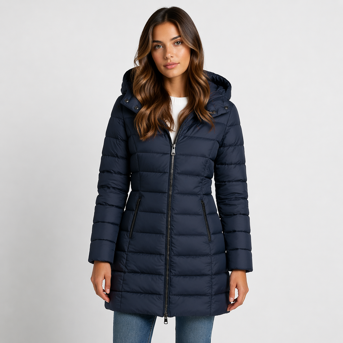 Women's navy blue hooded quilted puffer jacket