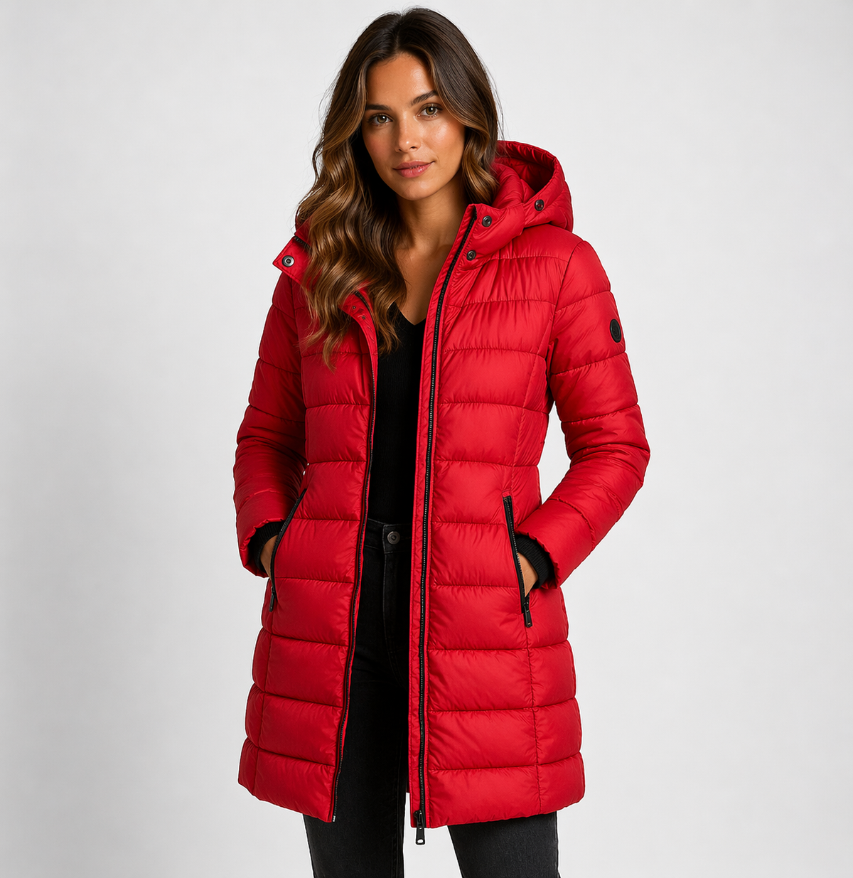 Women's red hooded quilted puffer jacket