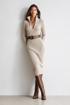 Women's ribbed knit midi dress with half-zip collar