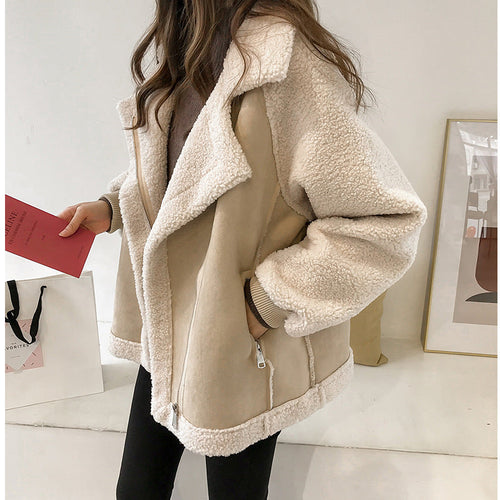 Women's beige oversized shearling-lined aviator jacket