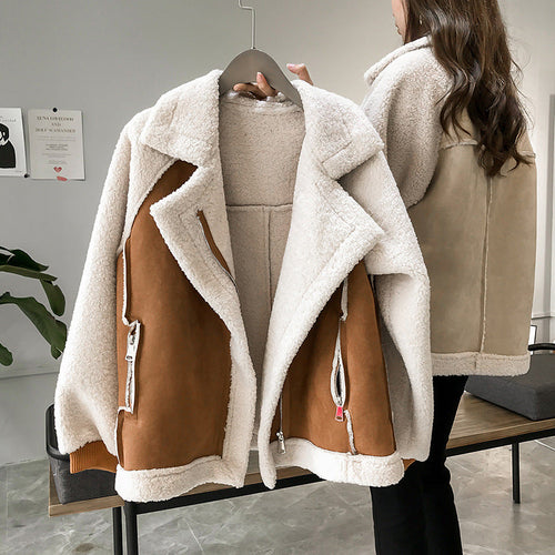 Women's brown oversized shearling-lined aviator jacket