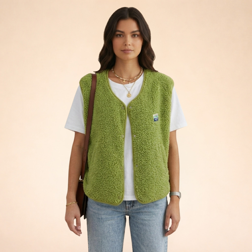Women's green sherpa fleece gilet with v-neckline