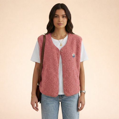 Women's pink sherpa fleece gilet with v-neckline