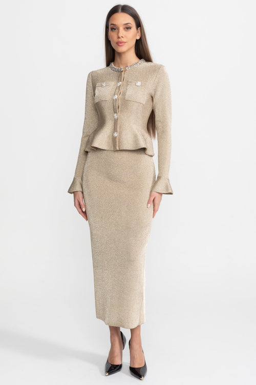 Women's beige shimmer knit peplum two-piece co-ord