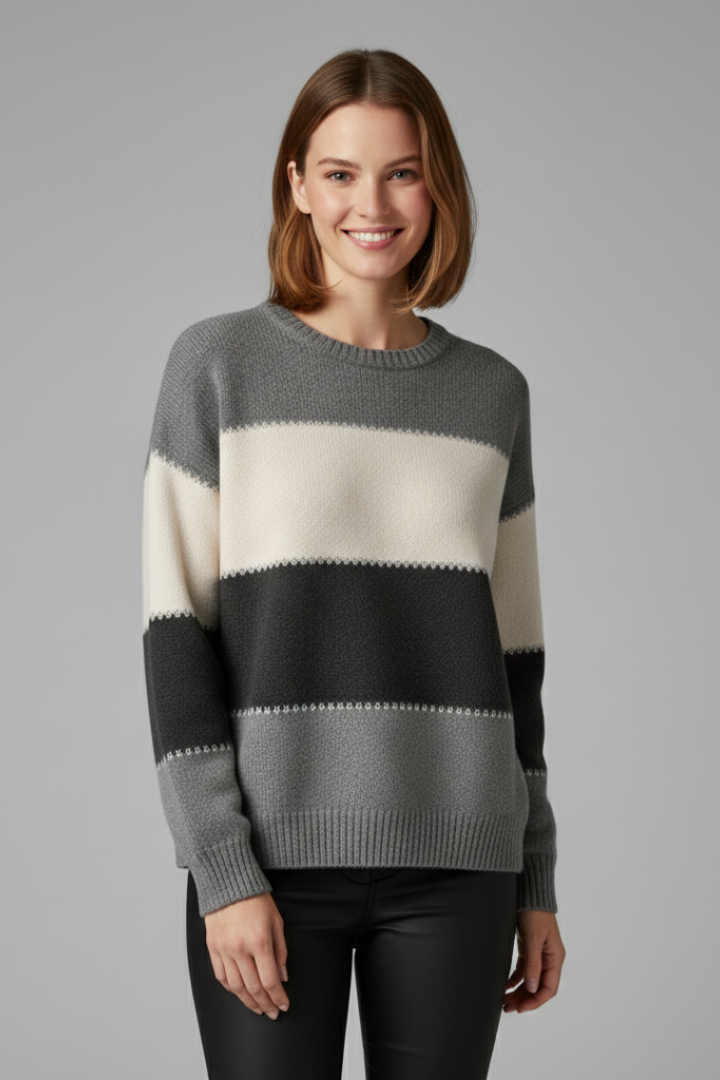 Heather grey striped round neck jumper with ribbed trim for women