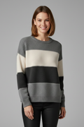 Heather grey striped round neck jumper with ribbed trim for women