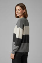 Heather grey striped round neck jumper with ribbed trim for women