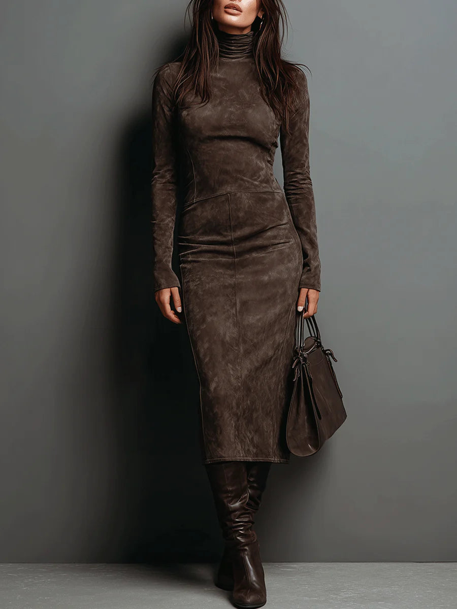 Women's coffee high neck suede bodycon midi dress