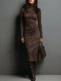 Women's coffee high neck suede bodycon midi dress