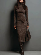 Women's coffee high neck suede bodycon midi dress