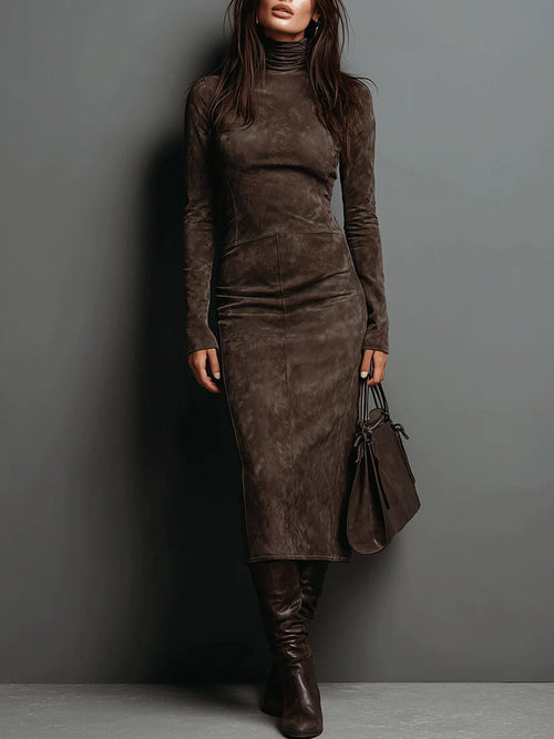 Women's coffee high neck suede bodycon midi dress