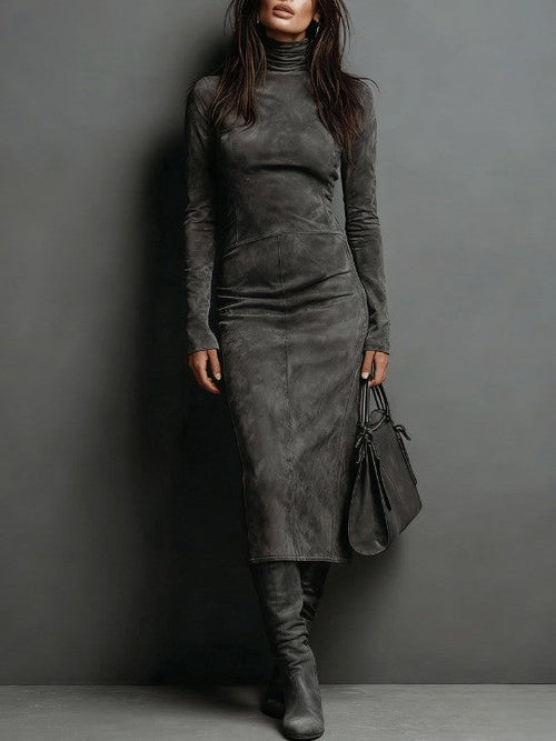 Women's green high neck suede bodycon midi dress