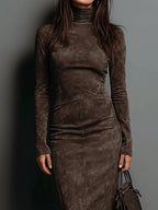 Women's high neck suede bodycon midi dress