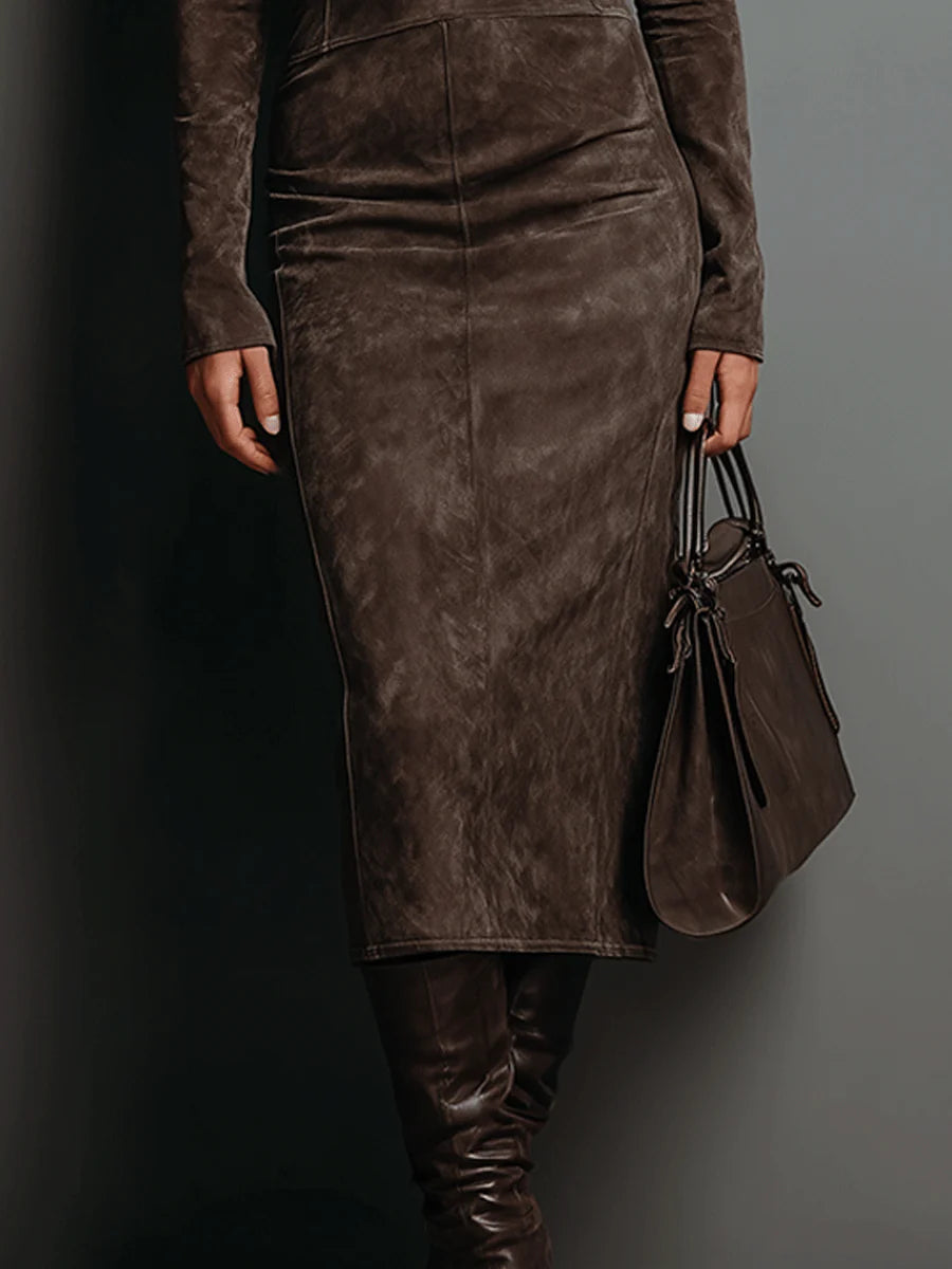 Women's high neck suede bodycon midi dress