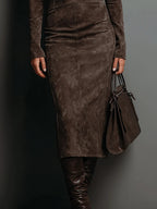 Women's high neck suede bodycon midi dress