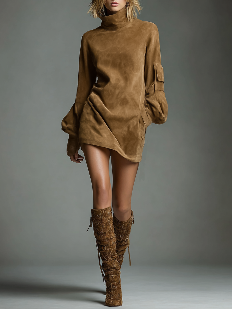 Women's oversized turtleneck suede mini dress